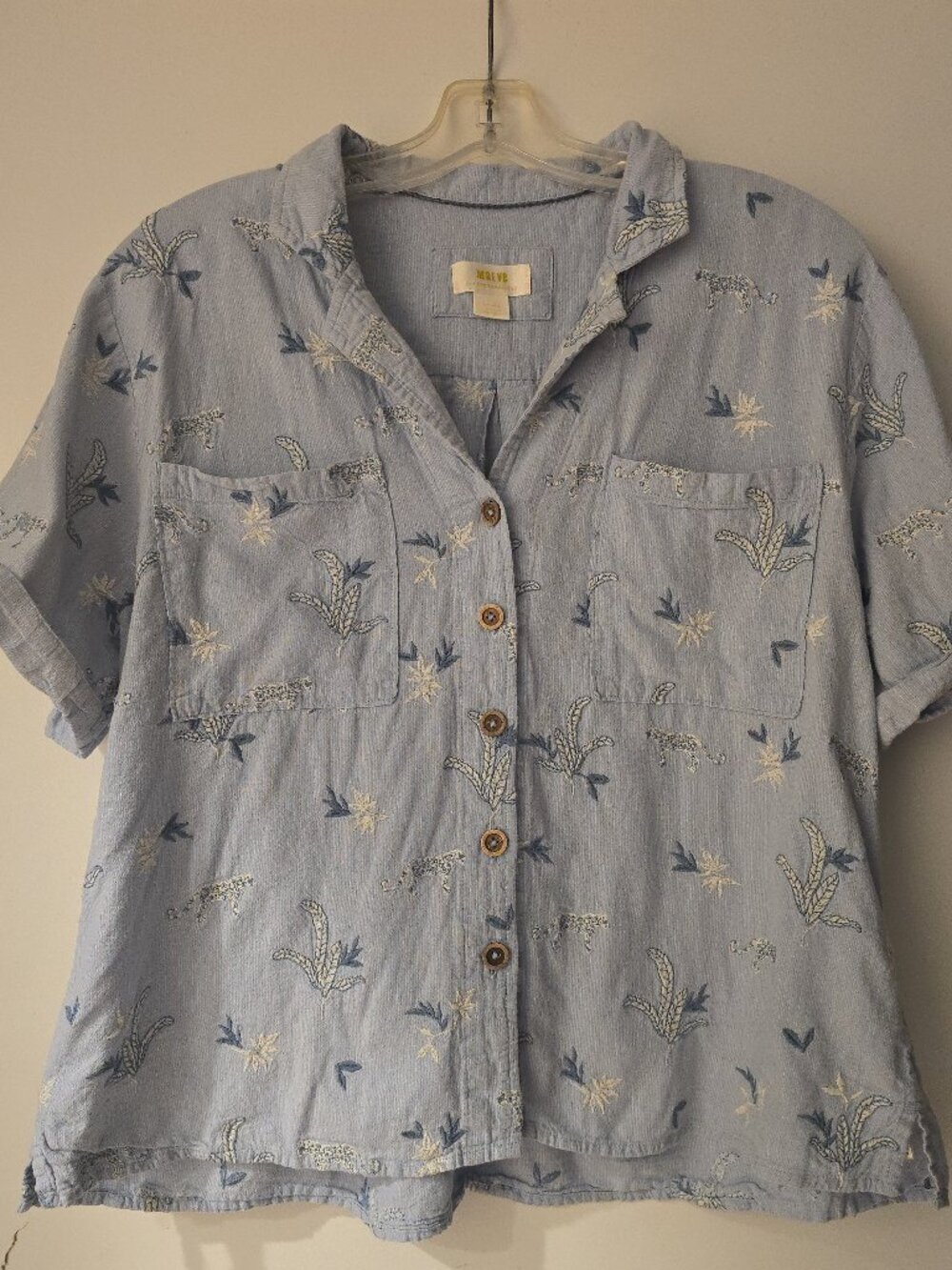 Maeve Anthropologie Embroidered Surf Buttondown Shirt Blue Leopard Palm Size L